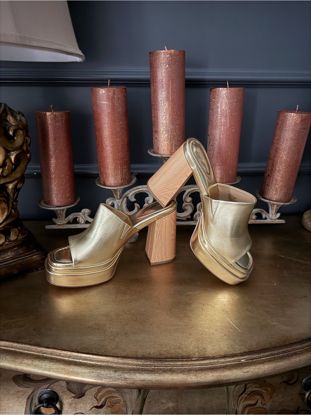 NWOB JF “Bristol” - Gold Metallic Platform Block Heel Mules